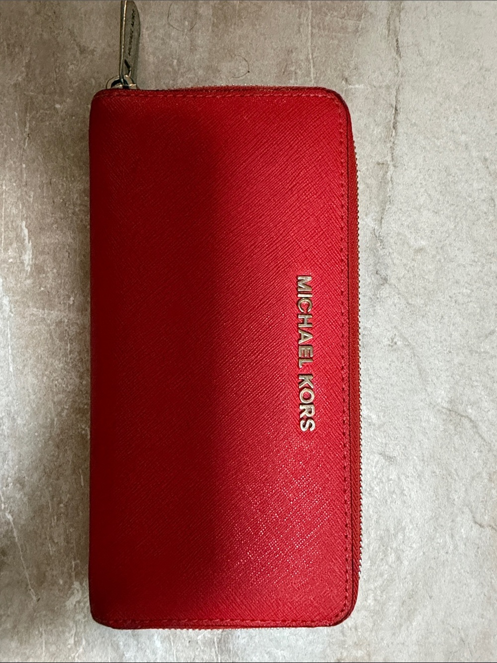 Michael Kors Red Saffiano Zip Wallet with Gold Logo